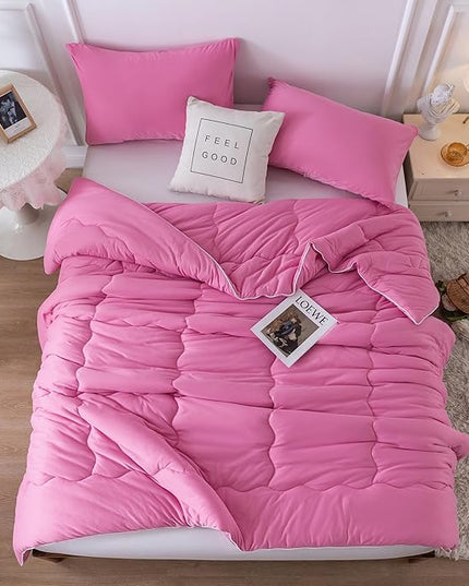 COTTEBED Rose Pink Comforter Queen Size, Jersey Knit T-Shirt Feel Ultra-Soft Cute Cozy Durable Lightweight Bedding Blanket Down Conforter Set and Pillowcase for Women Girl All Season Use Full/Queen - LeafyLoom