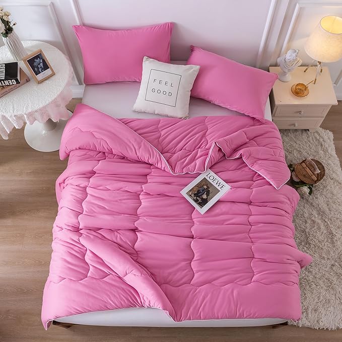 COTTEBED Rose Pink Comforter Queen Size, Jersey Knit T-Shirt Feel Ultra-Soft Cute Cozy Durable Lightweight Bedding Blanket Down Conforter Set and Pillowcase for Women Girl All Season Use Full/Queen - LeafyLoom