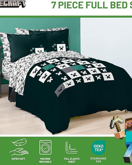 Minecraft Creeper Full Comforter Set - 7 Piece Gamer Bedding includes Sheet Set & Pillow Covers - Super Soft Checkered Kids Bedding - LeafyLoom