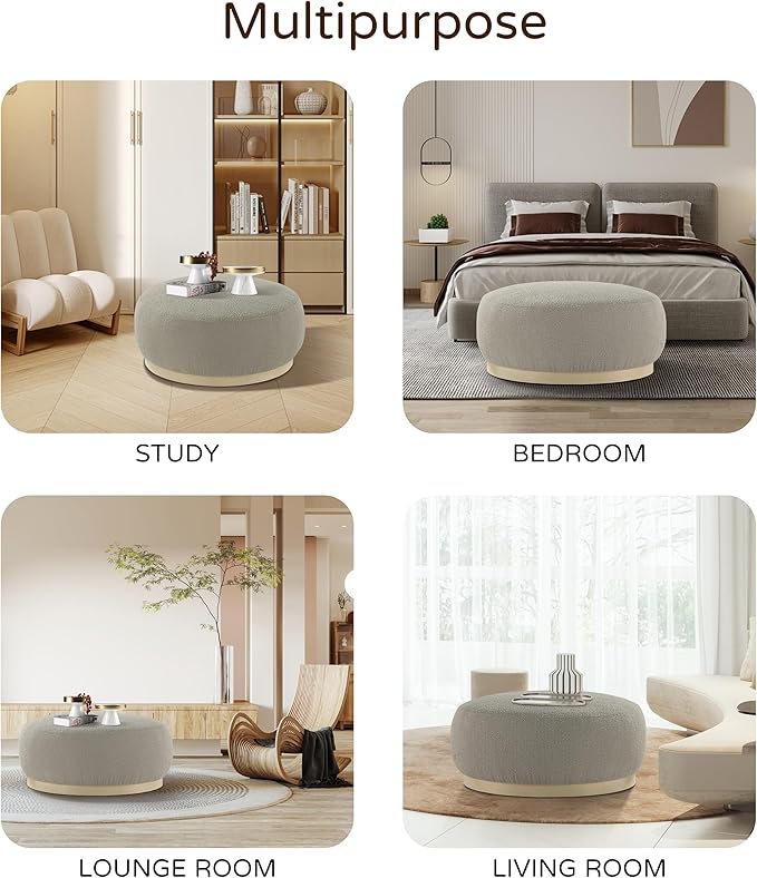 Round Ottoman Coffee Table, Modern Boucle Upholstered Center Table for Living Room Circle Accent Coffee Table for Bedroom Entryway Office - LeafyLoom