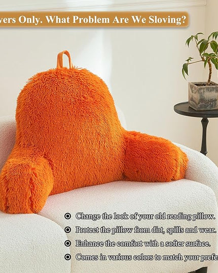 XeGe Fluffy Back Support Pillow Cover for Bed (No Filler), Faux Fur Back Rest Pillow Case for Sitting in Bed, Furry Reading Pillow Cover with Arms Adults Kids, Fuzzy Sit Up Pillow Floor Chair, Orange - LeafyLoom