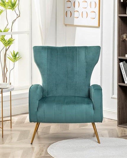 Armchair Modern Velvet Accent Chair, Channel Tufted Bedroom, Office or Living Room Furniture with Elegant Metal Legs, Teal - LeafyLoom