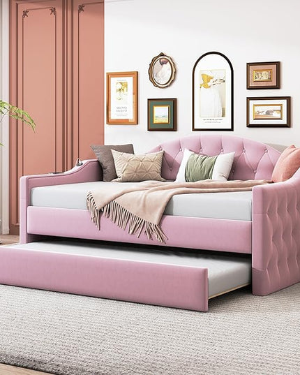 Twin Size Velvet Tufted Upholstered Daybed with Trundle, Modern Solid Wood Sofa Bed w/USB & Type-C Charging Ports, for Bedroom Living Room, No Box-spring Needed, Pink - LeafyLoom