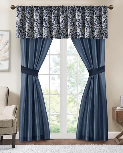 Madison Park Essentials Brystol 24 Piece Room in a Bag Faux Silk Comforter Jacquard Paisley Design Matching Curtains Down Alternative All Season Bedding-Set, King(104 in x 92 in), Navy 24 Piece - LeafyLoom