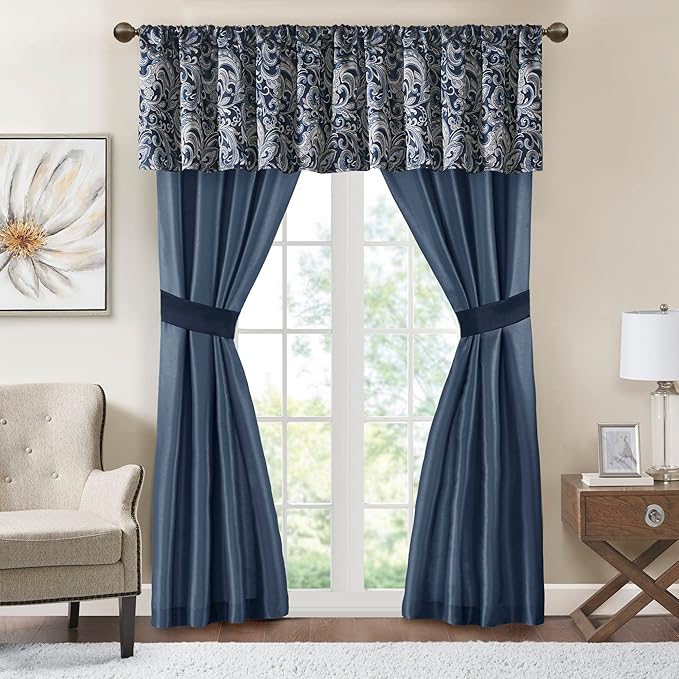 Madison Park Essentials Brystol 24 Piece Room in a Bag Faux Silk Comforter Jacquard Paisley Design Matching Curtains Down Alternative All Season Bedding-Set, King(104 in x 92 in), Navy 24 Piece - LeafyLoom