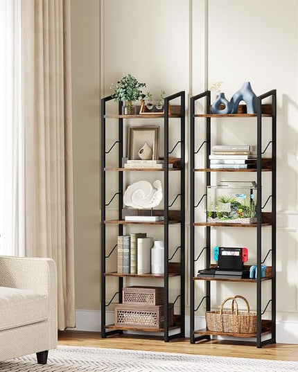 5 Tier Narrow Bookshelf: Tall Bookcase Book Shelf for Bedroom, Industrial Modern Bookshelves for Small Spaces (Rustic Brown) - LeafyLoom