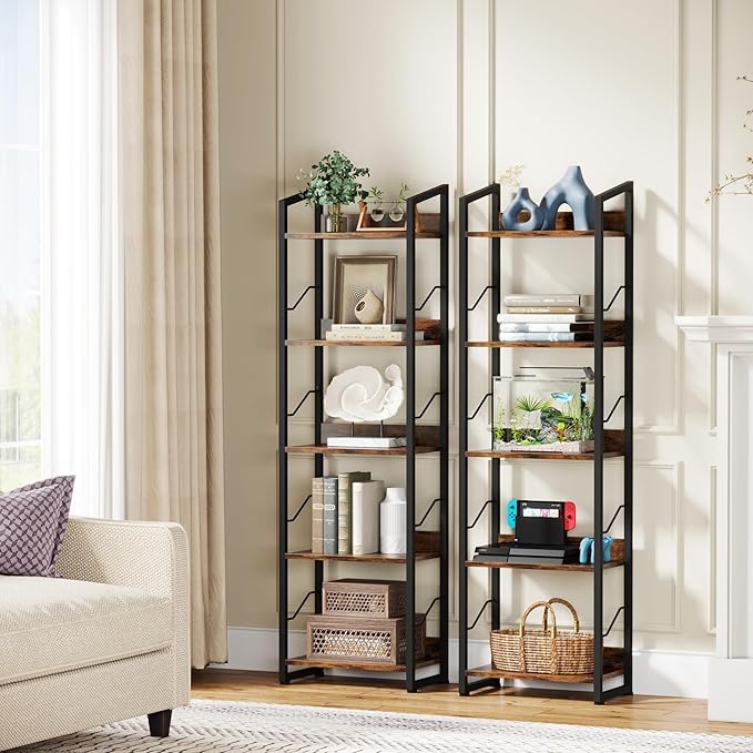 5 Tier Narrow Bookshelf: Tall Bookcase Book Shelf for Bedroom, Industrial Modern Bookshelves for Small Spaces (Rustic Brown) - LeafyLoom