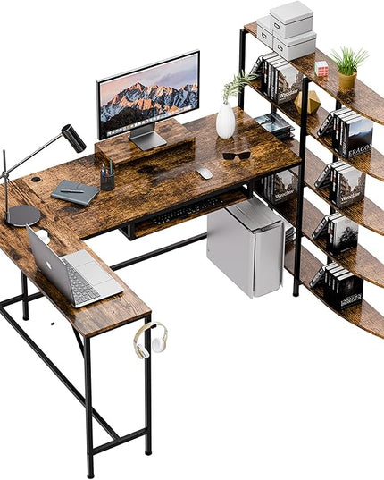 Shintenchi L Shaped Computer Desk, Multifunctional Gaming Desk with 5-Tier Storage Shelves, Monitor Stand, Keyboard Tray & Hook, Modern Style Study Workstation for Home Office, Vintage Brown - LeafyLoom
