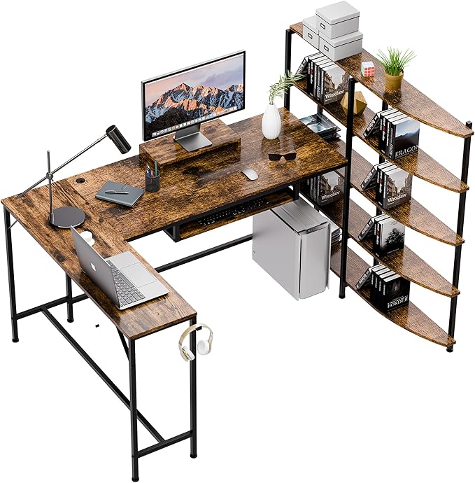 Shintenchi L Shaped Computer Desk, Multifunctional Gaming Desk with 5-Tier Storage Shelves, Monitor Stand, Keyboard Tray & Hook, Modern Style Study Workstation for Home Office, Vintage Brown - LeafyLoom