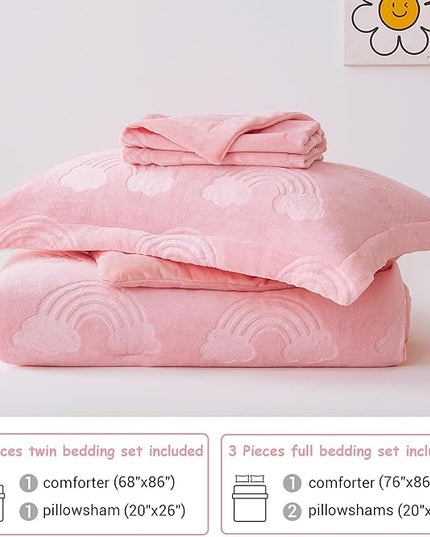 Mooreeke Twin Kids Comforter Bed Set, Embossed Plush Fleece Soft & Warm 2 Piece Bed in A Bag with Shams, Velour Velvet Pink Rainbow Girls Kids Bedding Set, Fluffy Fuzzy Polar Cozy and Stylish - LeafyLoom