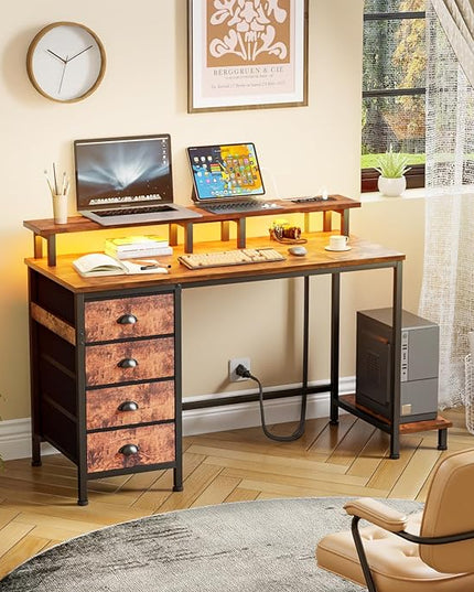 Furologee Desk with Power Outlets and LED Lights, 47in Gaming Computer Desk with 4 Fabric Drawers, Home Office Desk with Full Monitor Stand and Shelf, Study Writing Desk Bedroom, Rustic Brown - LeafyLoom