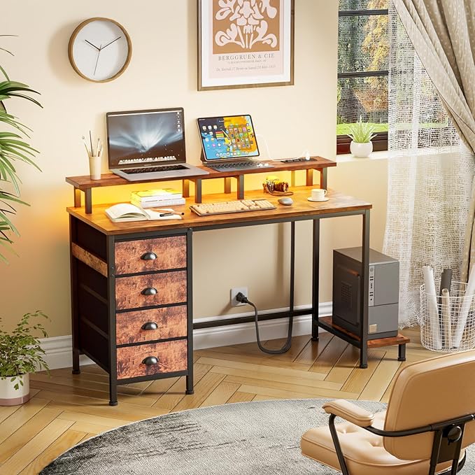 Furologee Desk with Power Outlets and LED Lights, 47in Gaming Computer Desk with 4 Fabric Drawers, Home Office Desk with Full Monitor Stand and Shelf, Study Writing Desk Bedroom, Rustic Brown - LeafyLoom