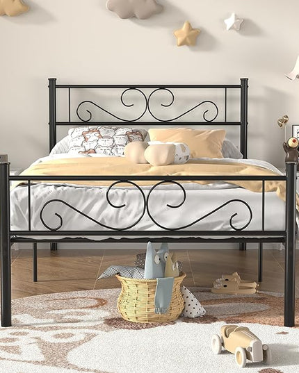 VECELO Twin Size Bed Frame with Headboard, 14 Inch Metal Platform Mattress Foundation, No Boxing Spring Needed, Squeak Resistant, Easy Assembly, Matte Black - LeafyLoom