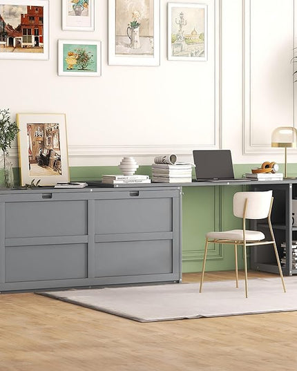 Wooden Queen Murphy Bed Frame with Rotable Desk and 2 Storage Shelves, Suitable for Small Bedrooms, Studio Apartments, and Multi-functional Rooms, Space Saving, Gray - LeafyLoom