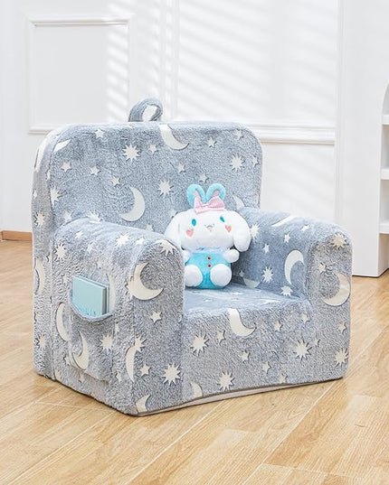 Snuggly-Soft Cuddly Toddler Plush Armchair for Boys and Girls Fuzzy Plush Kids Sofa Couch Reading Chair with Children Friendly Handle for Easy Movement & Double Pockets for Storage, Glowing Grey - LeafyLoom
