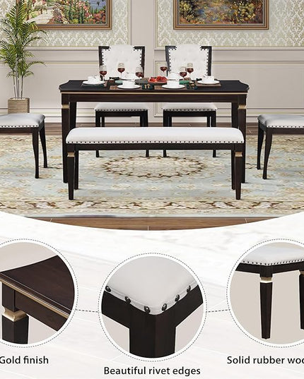 NicBex Dining Room Table Set for 6 Kitchen Table and Chairs 62.7" Rectangular Table and 4 High-Back Tufted Chairs & 1 Bench for Dining Room and Kitchen, Espresso - LeafyLoom