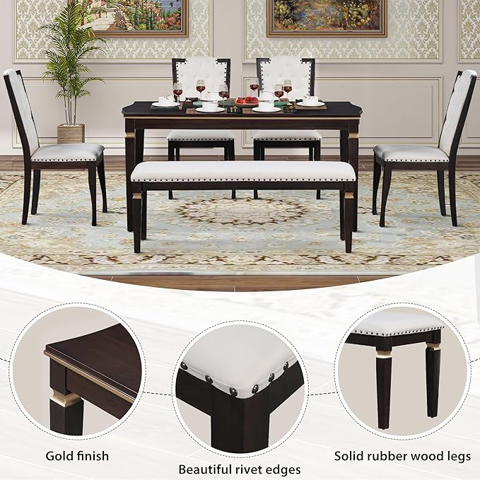NicBex Dining Room Table Set for 6 Kitchen Table and Chairs 62.7" Rectangular Table and 4 High-Back Tufted Chairs & 1 Bench for Dining Room and Kitchen, Espresso - LeafyLoom