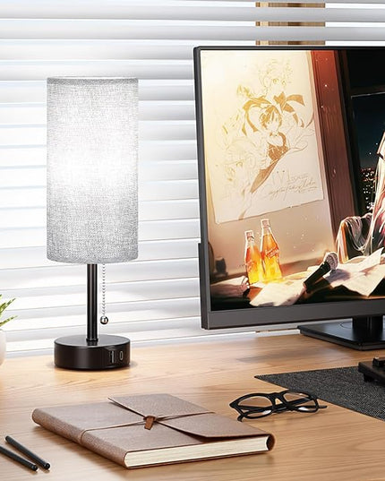 Grey Bedside Lamp for Bedroom Nightstand - Small Table Lamp with USB A + C Charging Port, 3 Color Temperatures Pull Chain Night Stand Light with Bulb, Side Table Desk Reading Lamp for Living Room - LeafyLoom