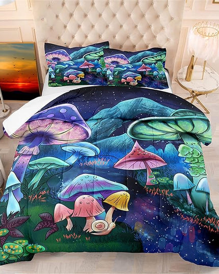Cartoon Mushroom Bedding Set, Queen Size 3 Piece Ultra Soft Breathable Cute Mushrooms Bedding Comforter Sets Fungus Plant Bedspread for All-Season Bedroom Decor with 1 Comforter +2 Pillowcases - LeafyLoom