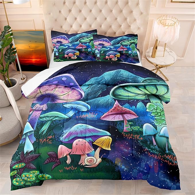 Cartoon Mushroom Bedding Set, Queen Size 3 Piece Ultra Soft Breathable Cute Mushrooms Bedding Comforter Sets Fungus Plant Bedspread for All-Season Bedroom Decor with 1 Comforter +2 Pillowcases - LeafyLoom