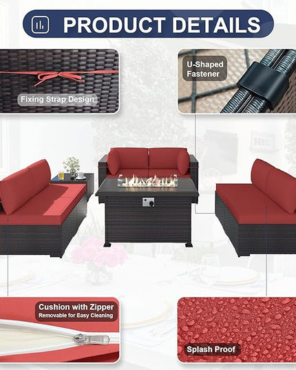 Patio Furniture Set with Fire Pit Table 8 PCS Outdoor Sectional Furniture Outdoor Rattan Patio Conversation Sets with 43in 55,000 BTU Propane Gas Fire Pit Table Glass Table, Red - LeafyLoom