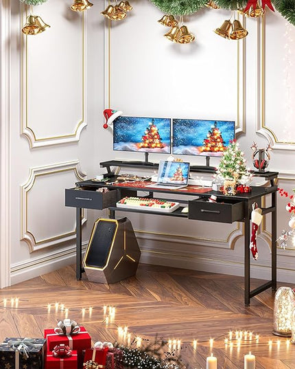 ODK Computer Desk Study Table, 55 Inch Office Desk with Drawers and Keyboard Tray, Study Desk Work Desk with Monitor Shelf, Writing Desk with Storage for Home Office, Black - LeafyLoom