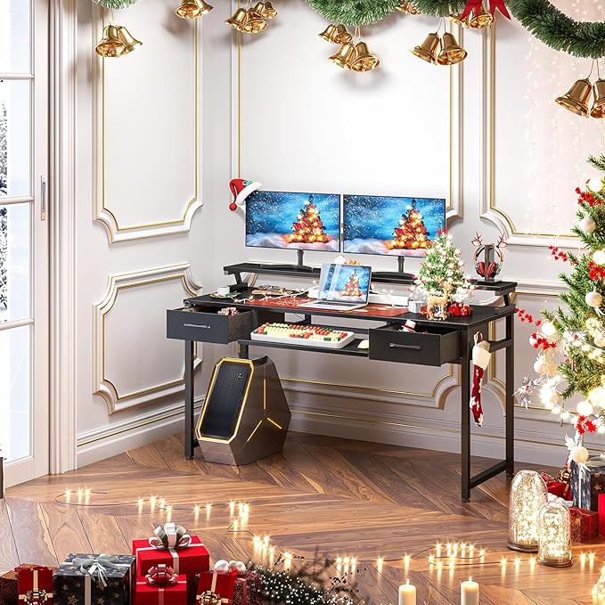 ODK Computer Desk Study Table, 55 Inch Office Desk with Drawers and Keyboard Tray, Study Desk Work Desk with Monitor Shelf, Writing Desk with Storage for Home Office, Black - LeafyLoom