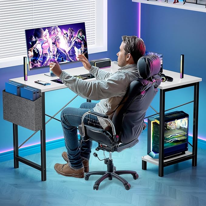 DUMOS Wood Computer Desk PC Gaming Table with Side Storage Bag for Home Office Small Spaces, White, 50 Inch - LeafyLoom