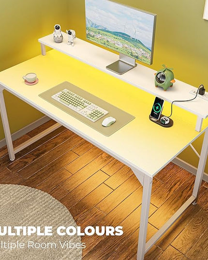 SUPERJARE 47 inch Computer Desk with LED Lights & Power Outlets, Home Office Desk with Monitor Shelf, Small Desk for Home & Office, White - LeafyLoom