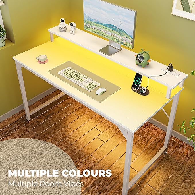 SUPERJARE 47 inch Computer Desk with LED Lights & Power Outlets, Home Office Desk with Monitor Shelf, Small Desk for Home & Office, White - LeafyLoom