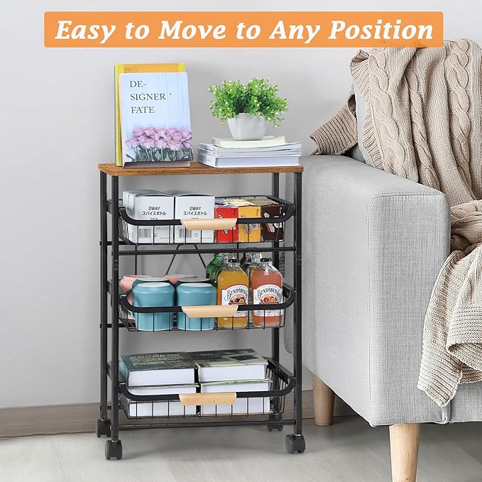 HEOMU Rolling Storage Cart, 4 Tier Kitchen Island Cart on Wheels with Pull-Out Baskets and Wood Top, Vegetable and Fruit Basket Stand for Kitchen, Living Room, Dining Room, Black - LeafyLoom