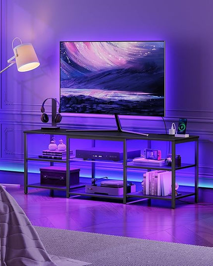 HOOBRO LED TV Stand for 65 Inch TVs with Charging Station, Gaming Entertainment Center with 3-Tier Open Storage, Long Media TV Console Table, TV Stand for Living Room, Bedroom, Black BB20UDDS01 - LeafyLoom
