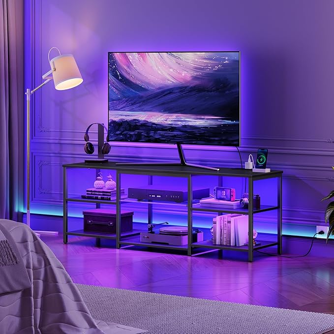 HOOBRO LED TV Stand for 65 Inch TVs with Charging Station, Gaming Entertainment Center with 3-Tier Open Storage, Long Media TV Console Table, TV Stand for Living Room, Bedroom, Black BB20UDDS01 - LeafyLoom