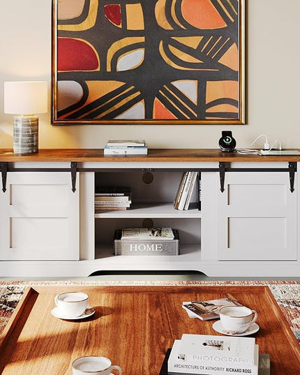 oneinmil TV Stand for 65” TV, Entertainment Center with Storage Cabinets and Sliding Barn Doors, Rustic Media TV Console Table for Living Room, Bedroom, White - LeafyLoom