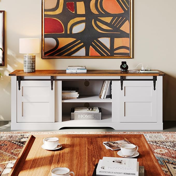 oneinmil TV Stand for 65” TV, Entertainment Center with Storage Cabinets and Sliding Barn Doors, Rustic Media TV Console Table for Living Room, Bedroom, White - LeafyLoom