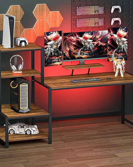 GreenForest Computer Desk 58 inch with Storage Printer Shelf Reversible Home Office Desk with Movable Monitor Stand and 2 Headphone Hooks for Study Writing PC Gaming Working, Walnut - LeafyLoom