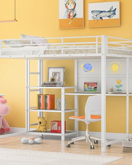 RITSU Full Size Loft Bed, Heavy Duty Metal Bunk Bedframe with Desk and Whiteboard, Safety Guardrail Fence & Ladder, 3 Big Storage Shelves, for Kids, Teens, White - LeafyLoom