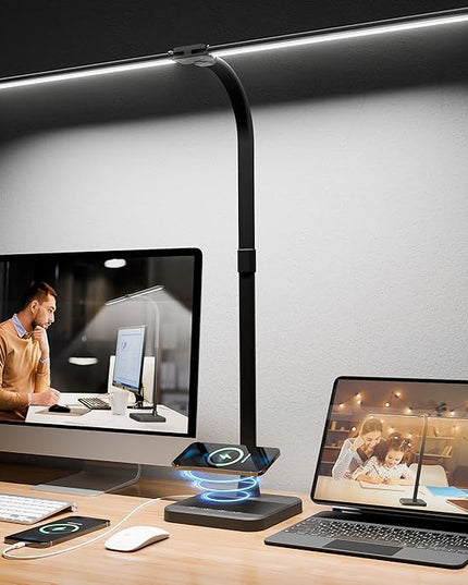 Otdair LED Desk Lamp for Home Office with Wireless Charger, 5 Modes 24W Double Head Flexible Gooseneck Eye-Caring Reading Study Light, Architect Light 5 Brightness Adjustable with Timer (Black) - LeafyLoom