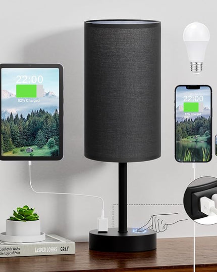 Touch Nightstand Lamp - Black, 3-Way Dimmable, USB A + C Charging, AC Outlet, 17.4inch Medium - LeafyLoom