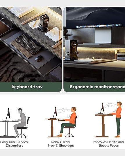 FEZIBO 55 x 25 Inch Height Adjustable Electric Standing Desk with Double Drawers&Keyboard Tray, Stand Up Desk with LED Strips, Sit Stand Desk with Monitor Stand, Rustic Grey - LeafyLoom
