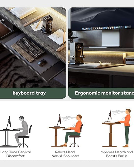 FEZIBO 48 x 24 Inch Height Adjustable Electric Standing Desk with Double Drawers&Keyboard Tray, Stand Up Desk with LED Strips, Sit Stand Desk with Monitor Stand, Rustic Grey - LeafyLoom