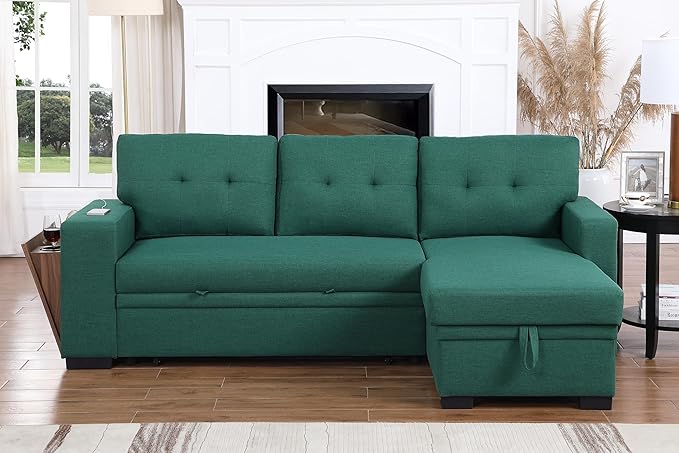 92 Inch L-Shape Sofa Sectional Convertible Storage Chaise Corner Couch Pull Out Sleeper Bed with USB Port and Cup Holder for Apartment, Dorm, Living Room, 92inch, Green-1 - LeafyLoom