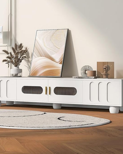 Merax Modern TV Stand for Televisions up to 80 Inches, Entertainment Center with Glass Door, 2 Drawers Wood Storage Cabinet with Solid Legs and Metal Handles for Living Room, 70.90" Length, White - LeafyLoom