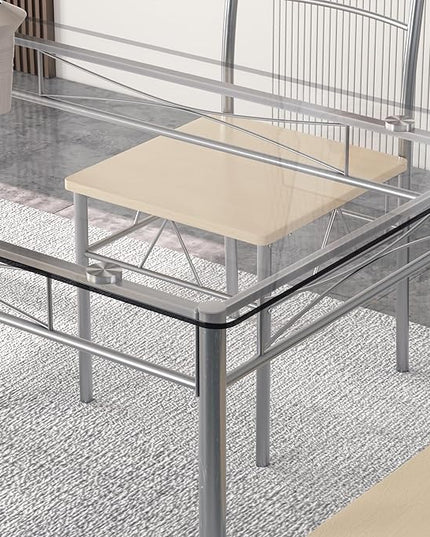 VECELO 5 Piece Dining Table Set for 4 with Chairs, Glass Tabletop, Small Space, Silver - LeafyLoom