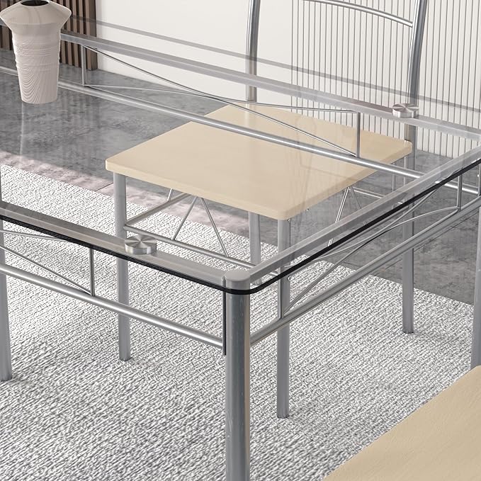 VECELO 5 Piece Dining Table Set for 4 with Chairs, Glass Tabletop, Small Space, Silver - LeafyLoom