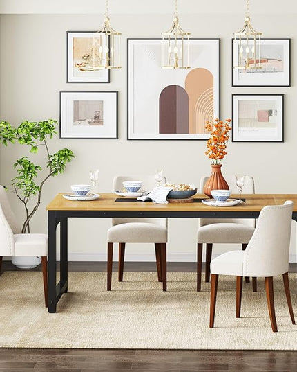 70.9 Inch Large Dining Table Rectangular Kitchen Furniture for 6 to 8 People, Walnut+Black - LeafyLoom