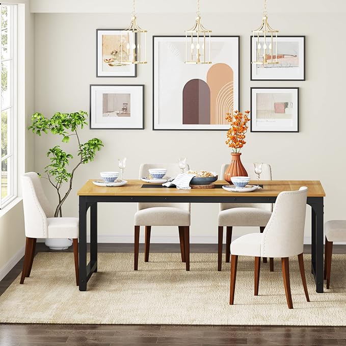 70.9 Inch Large Dining Table Rectangular Kitchen Furniture for 6 to 8 People, Walnut+Black - LeafyLoom