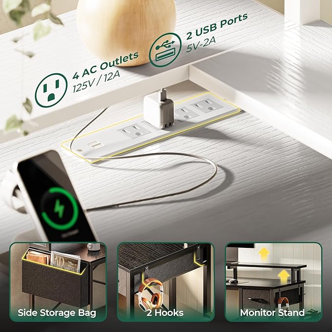 L Shaped Desk Gaming Desk with LED Lights & Power Outlets, Computer Desk with Storage Shelves, Corner Desk Home Office Desks for Bedroom, White - LeafyLoom