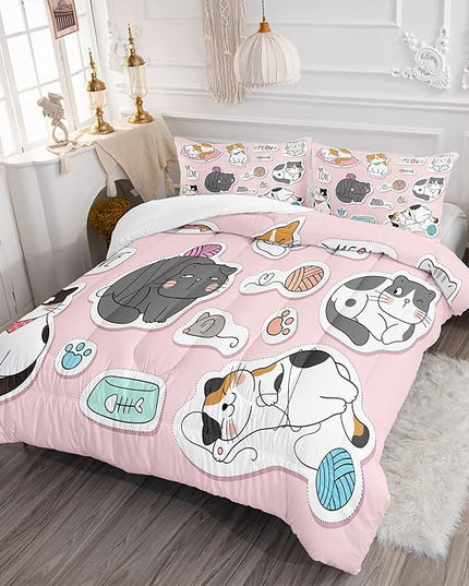 CVHOUSE Cat Bedding,Cartoon Cat Comforter Queen,Animals Print Comforter Set for Kids,Kawaii Quilt Set with 1 Comforter and 2 Pillow Cases - LeafyLoom