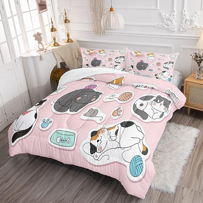 CVHOUSE Cat Bedding,Cartoon Cat Comforter Full,Animals Print Comforter Set for Kids,Kawaii Quilt Set with 1 Comforter and 2 Pillow Cases - LeafyLoom